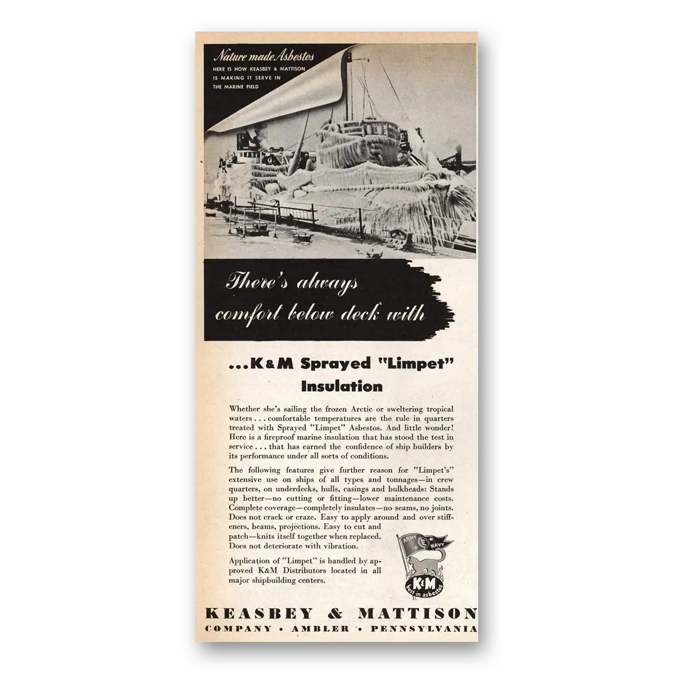 1945 Keasbey & Mattison Sprayed Limpet Insulation Vintage Magazine Print Ad