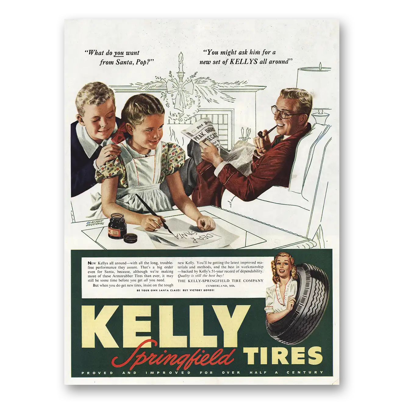 1945 Kelly Springfield Tires Want From Santa Pops Vintage Magazine Print Ad