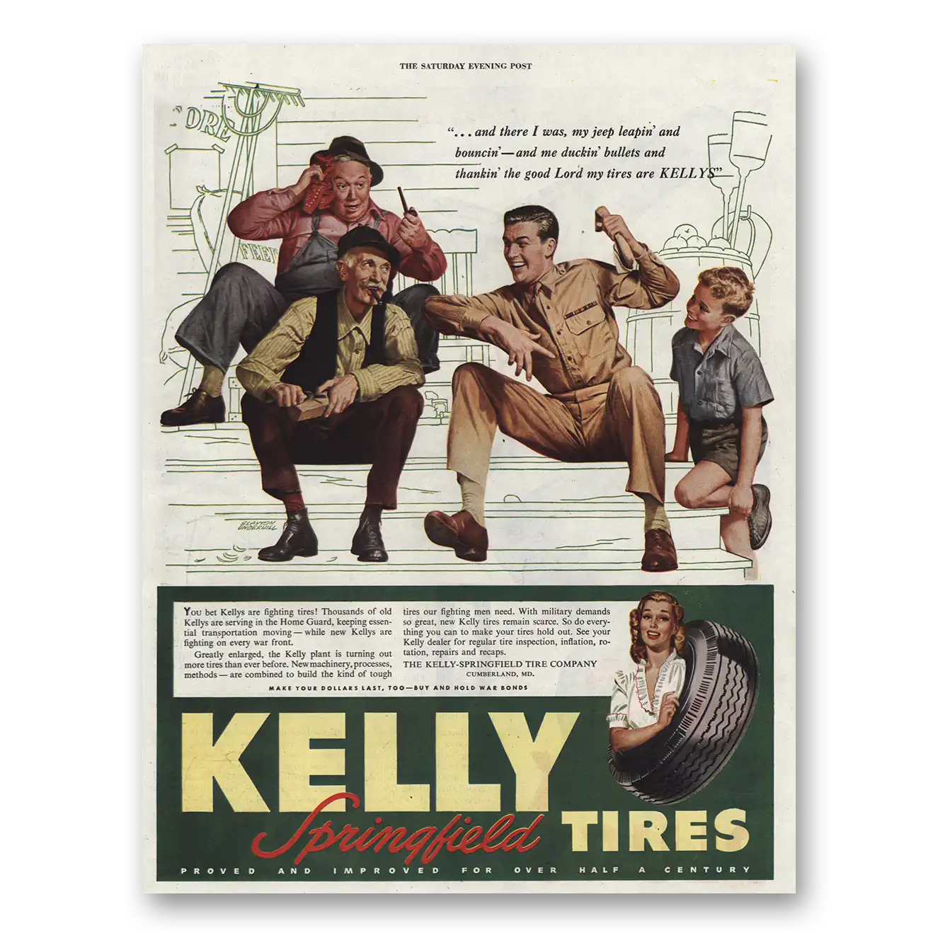 1945 Kelly Springfield Tires Jeep Leapin Bouncin Vintage Magazine Print Ad