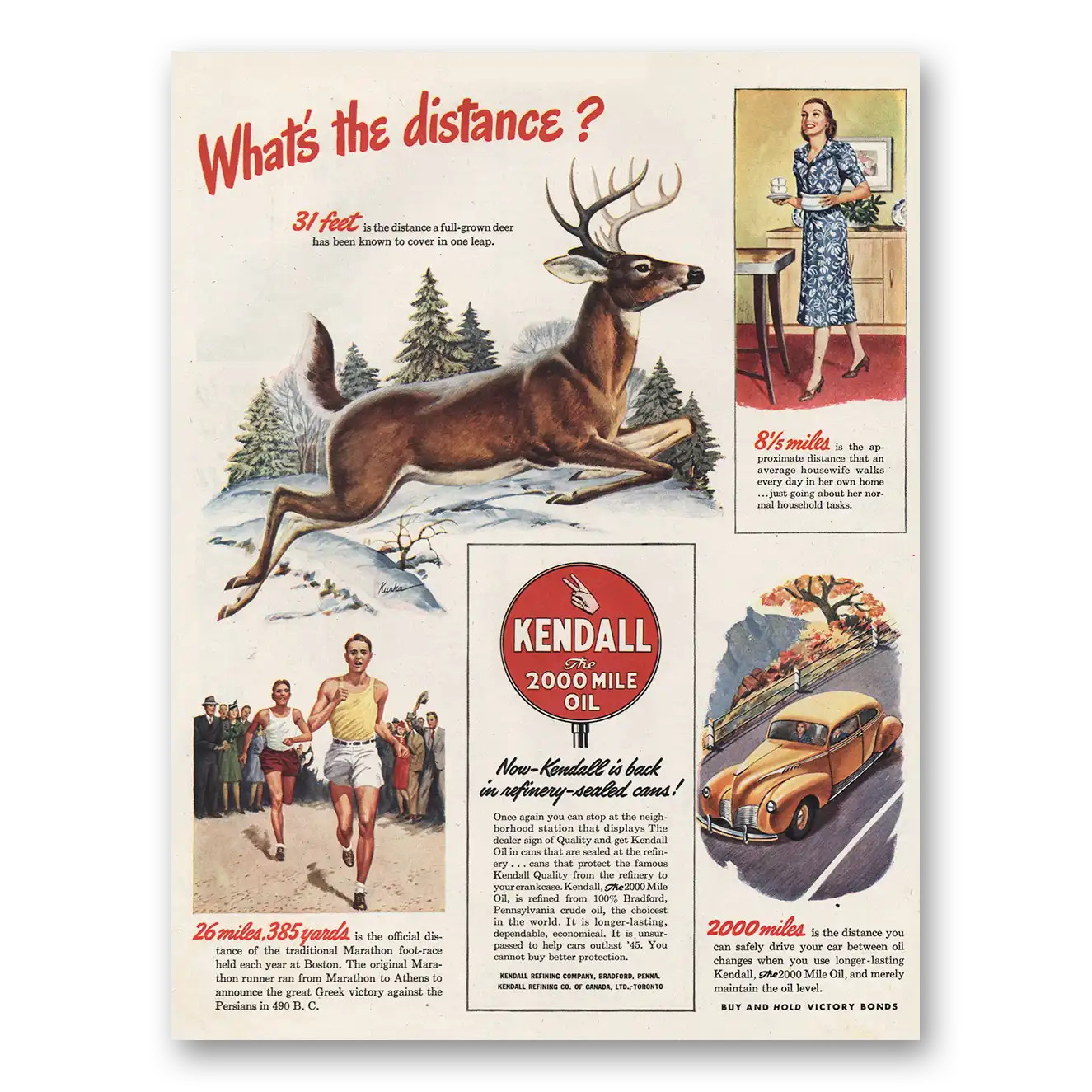 1945 Kendall Motor Oils Whats the Distance Deer Vintage Magazine Print Ad