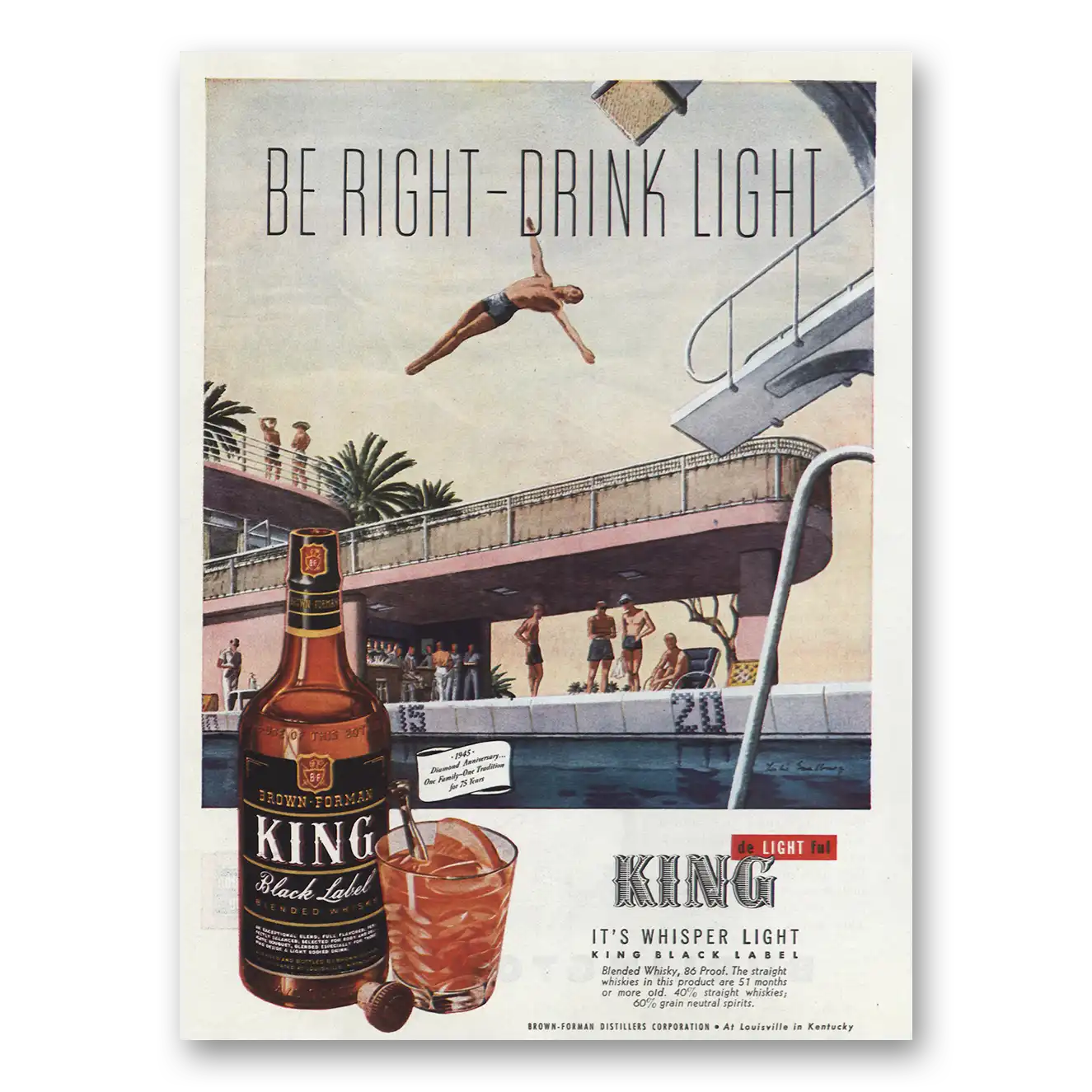 1945 King Whisky Be Right Drink Light Diving Vintage Magazine Print Ad