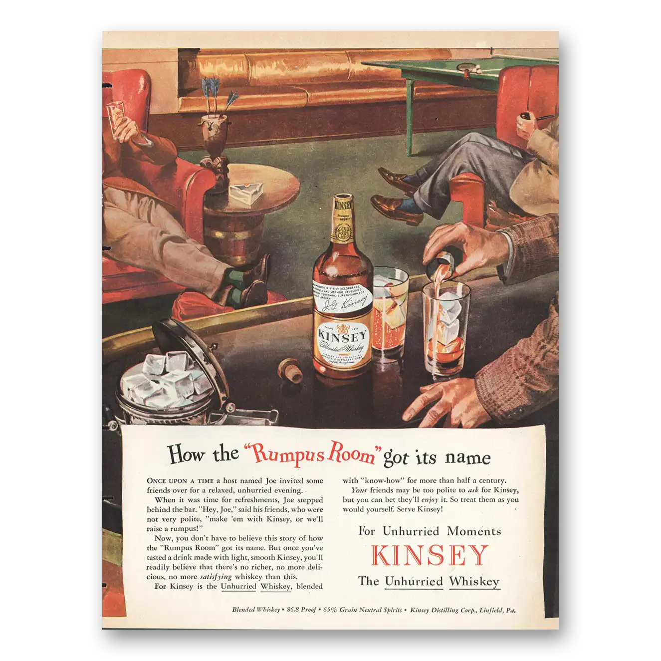 1945 Kinsey Whiskey How Rumpus Room Got Its Name Vintage Magazine Print Ad