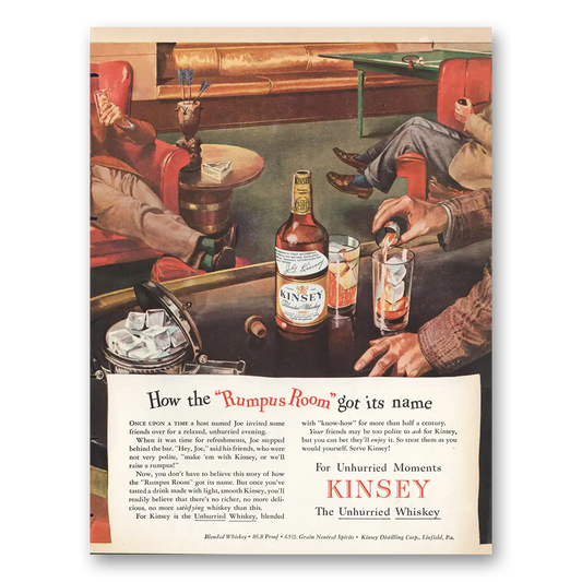 1945 Kinsey Whiskey How Rumpus Room Got Its Name Vintage Magazine Print Ad