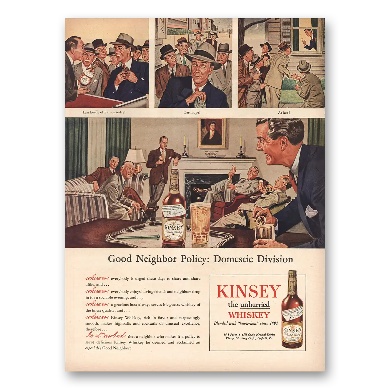 1945 Kinsey Whiskey Good Neighbor Policy Domestic Division Vintage Magazine Print Ad