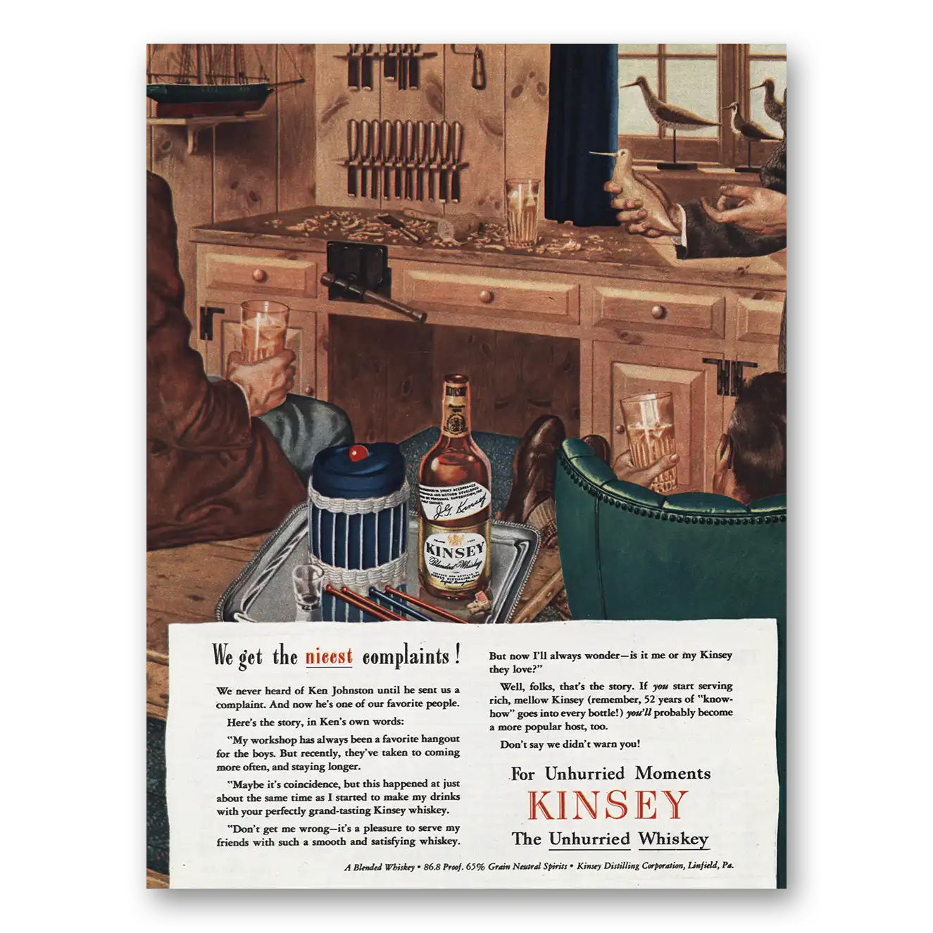 1945 Kinsey Whiskey Nicest Complaints Vintage Magazine Print Ad