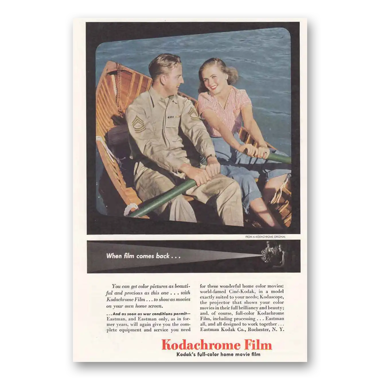 1945 Kodachrome Film When Film Comes Back Rowboat Vintage Magazine Print Ad