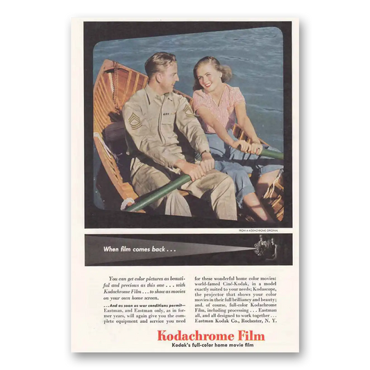 1945 Kodachrome Film When Film Comes Back Rowboat Vintage Magazine Print Ad