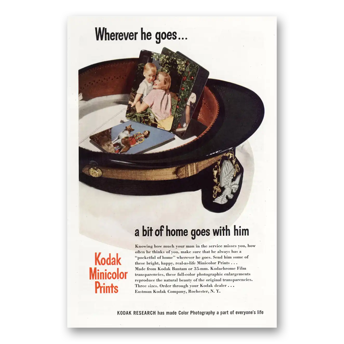 1945 Kodak Film Minicolor Prints Wherever He Goes Vintage Magazine Print Ad