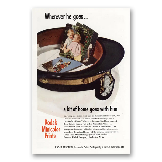 1945 Kodak Film Minicolor Prints Wherever He Goes Vintage Magazine Print Ad