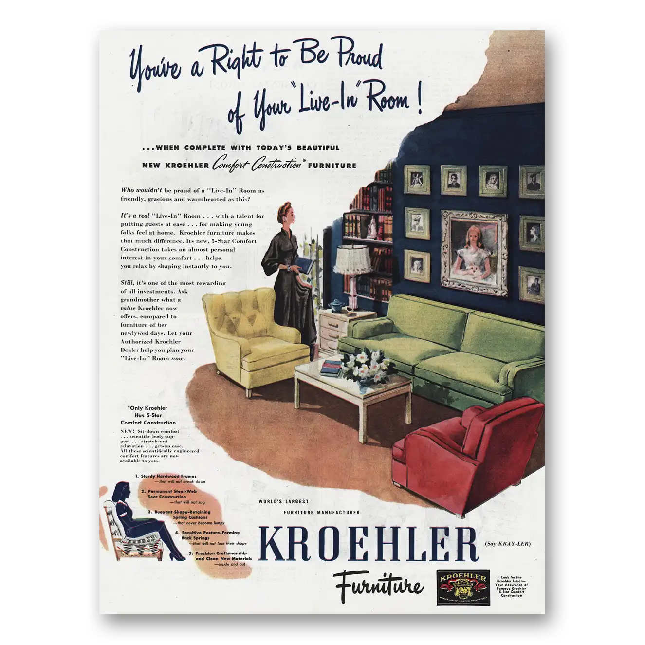 1945 Kroehler Furniture Right To Be Proud Live In Room Vintage Magazine Print Ad