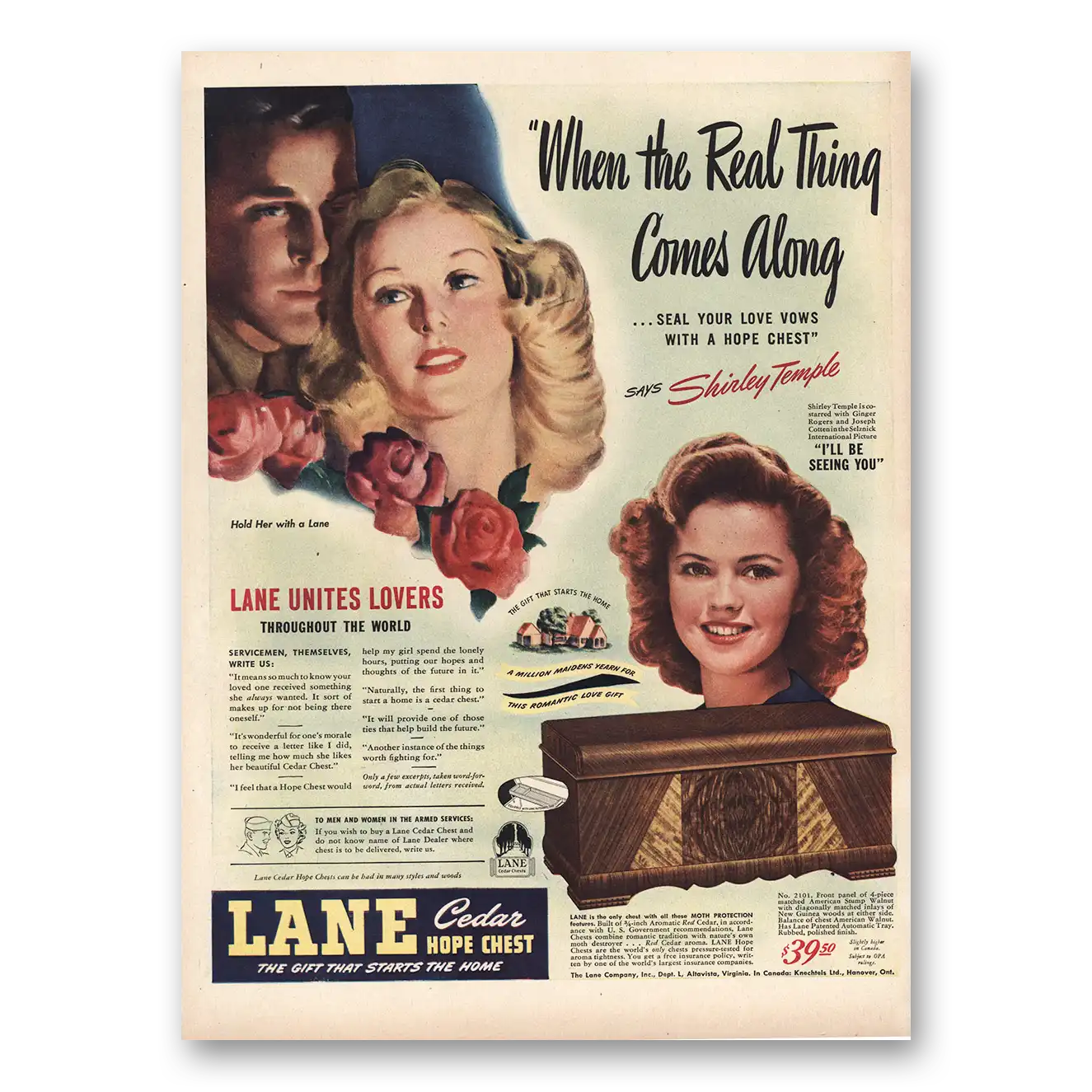 1945 Lane Cedar Hope Chest Shirley Temple Vintage Magazine Print Ad