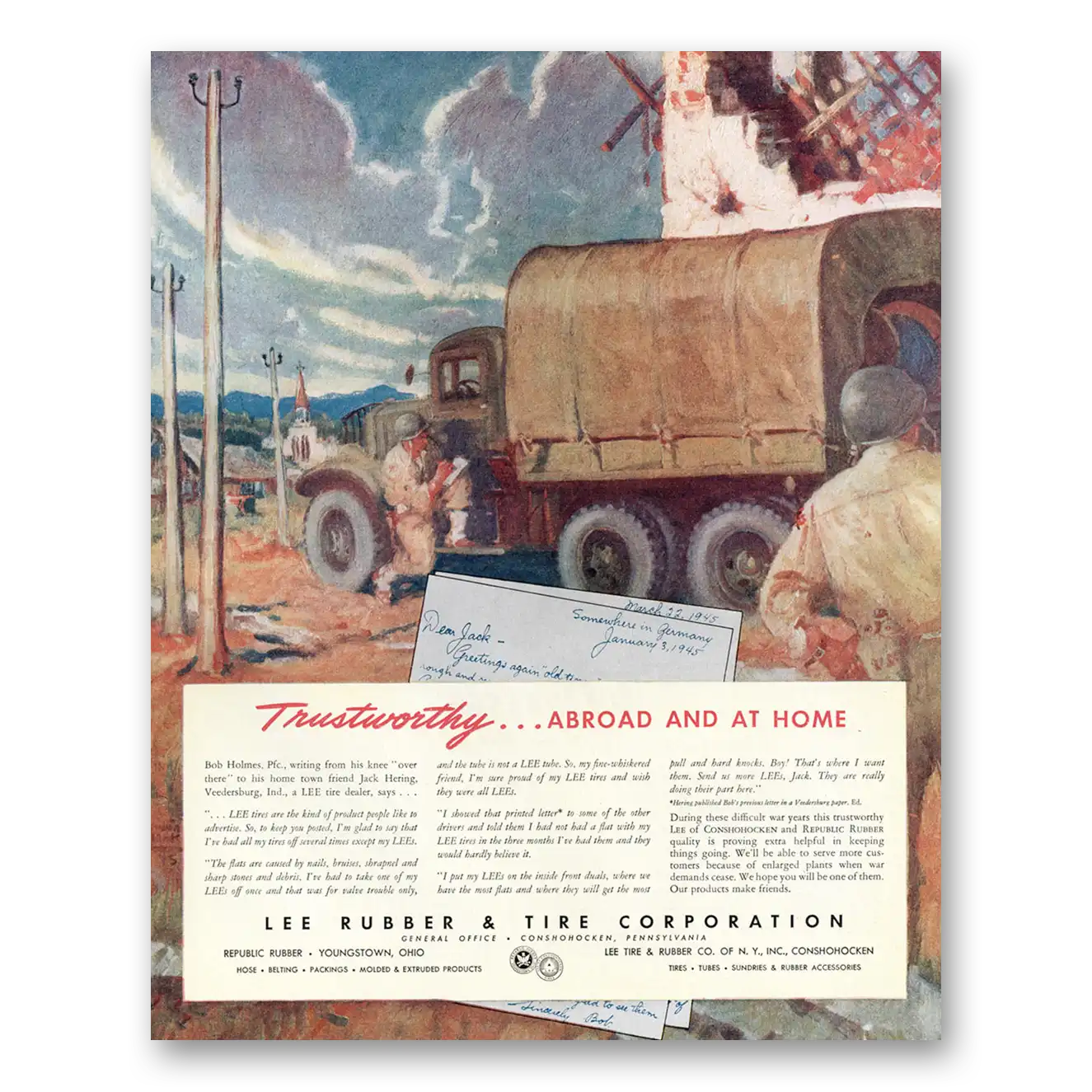 1945 Lee Tires Trustworthy Abroad and at Home Vintage Magazine Print Ad