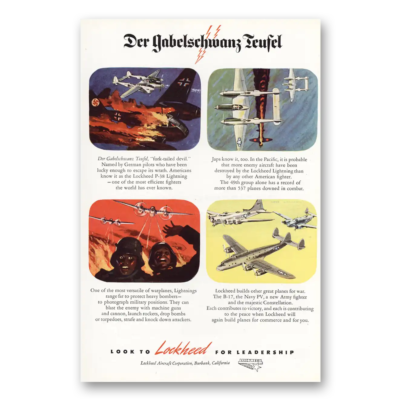 1945 Lockheed B17 Der Gabelschwanz Teufel Vintage Magazine Print Ad