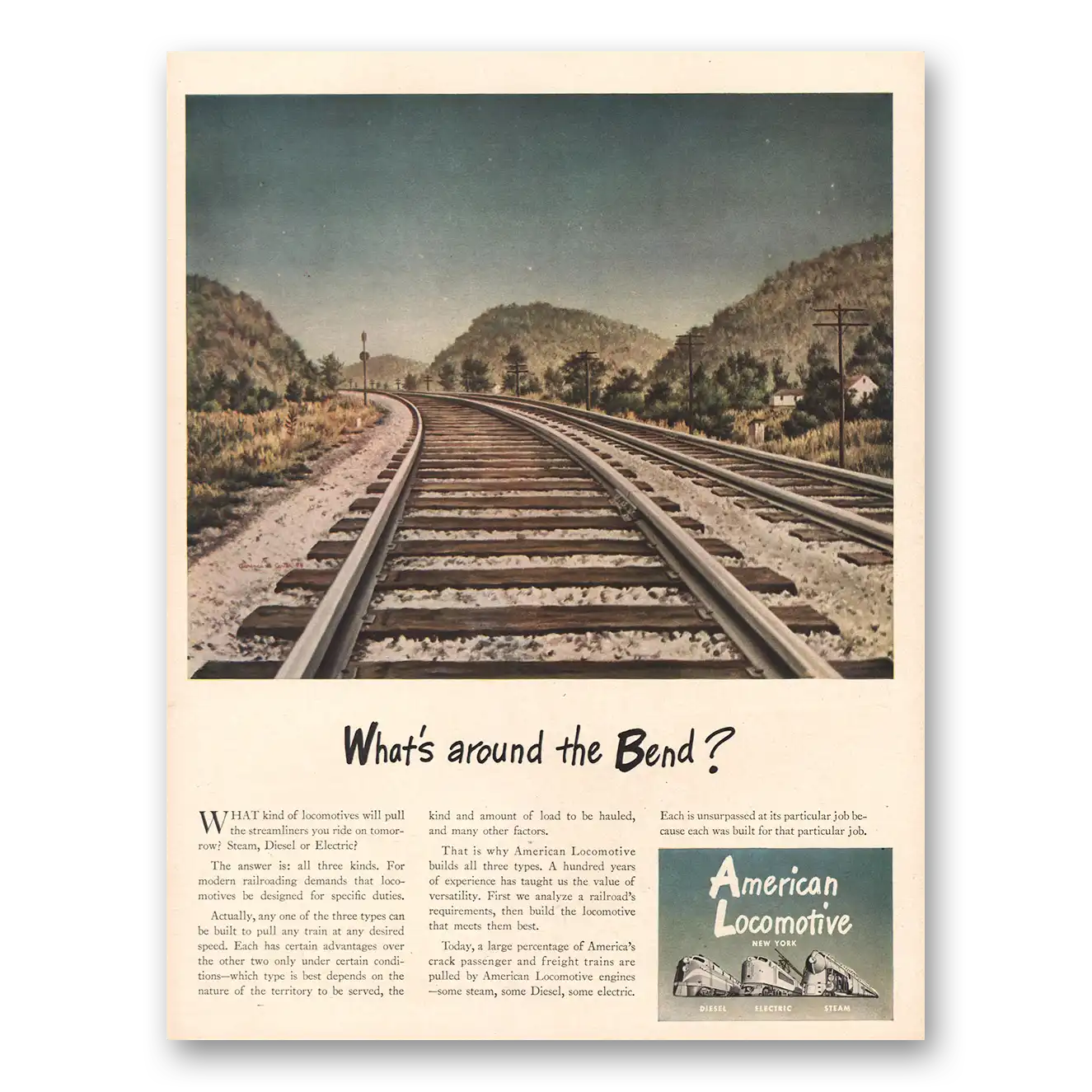 1945 American Locomotive Whats Around the Bend Vintage Magazine Print Ad