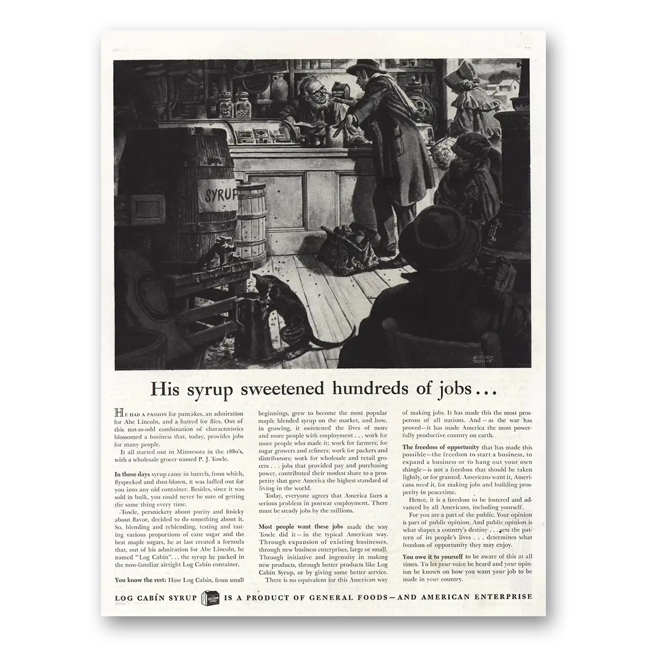 1945 Log Cabin Syrup Sweetened Hundreds of Jobs Vintage Magazine Print Ad