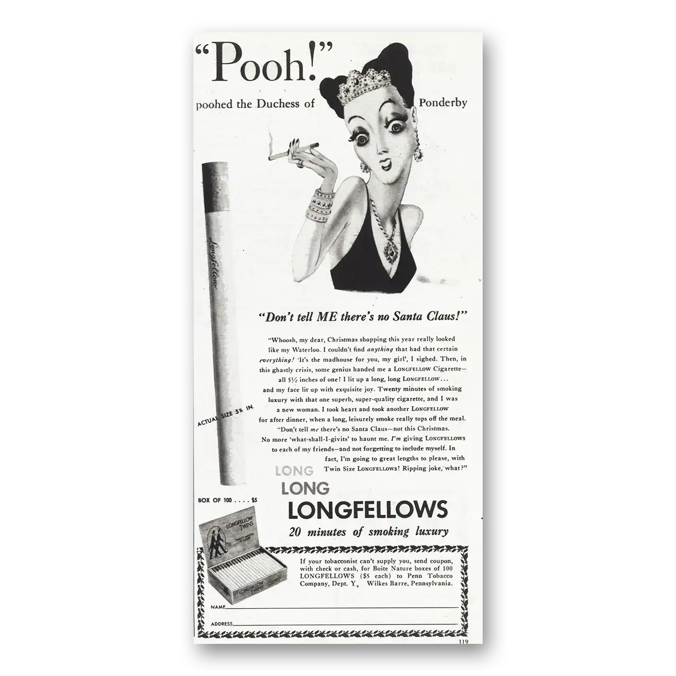 1945 Longfellows Cigarettes Pooh Duchess of Ponderby Vintage Magazine Print Ad