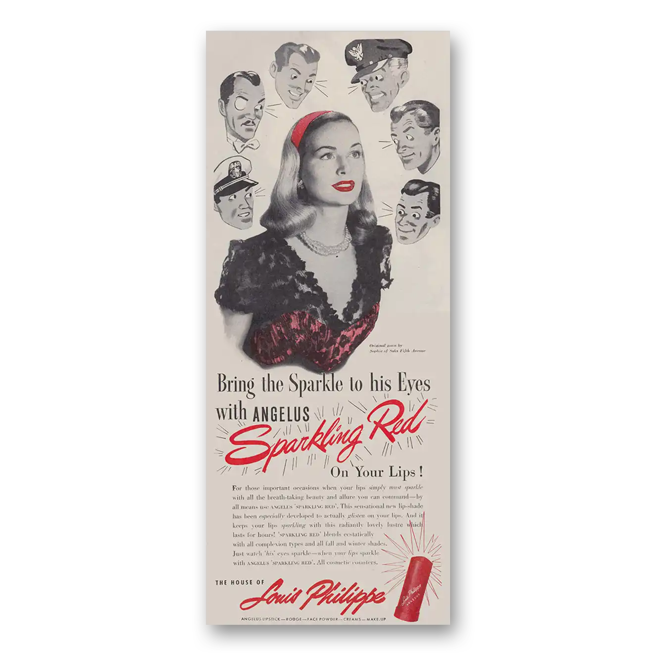 1945 Louis Philippe Lipstick Sparkle to His Eyes with Angelus Sparkling Red Vintage Magazine Print Ad