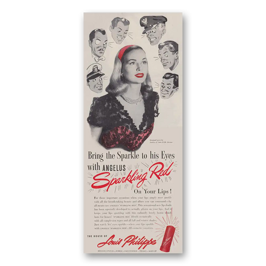 1945 Louis Philippe Lipstick Sparkle to His Eyes with Angelus Sparkling Red Vintage Magazine Print Ad