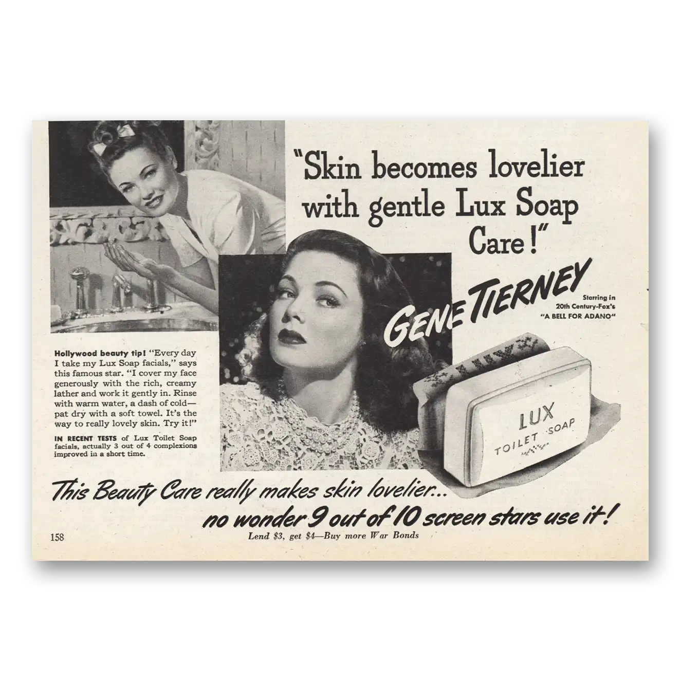 1945 Lux Soap Gene Tierney Vintage Magazine Print Ad