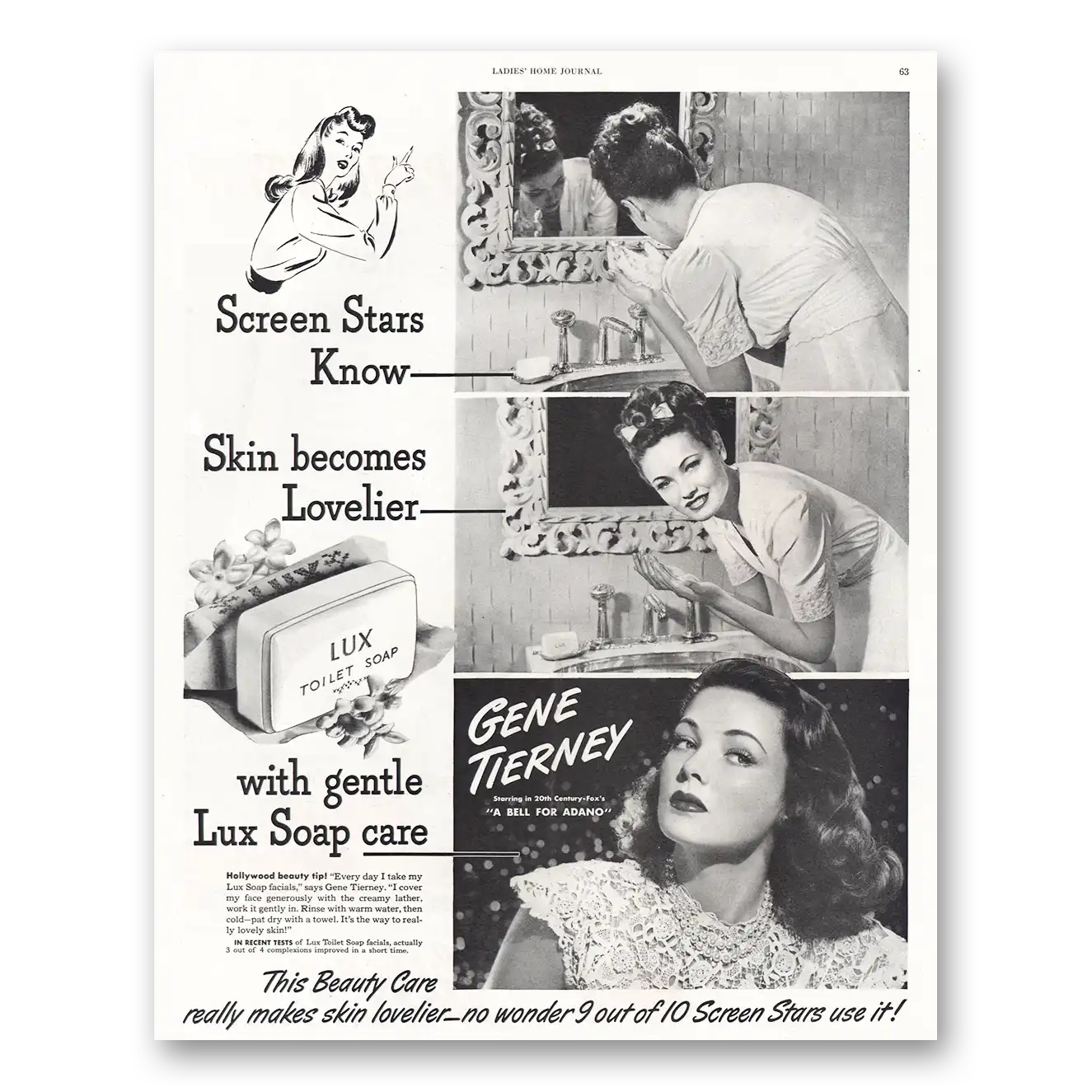 1945 Lux Soap Gene Tierney Vintage Magazine Print Ad