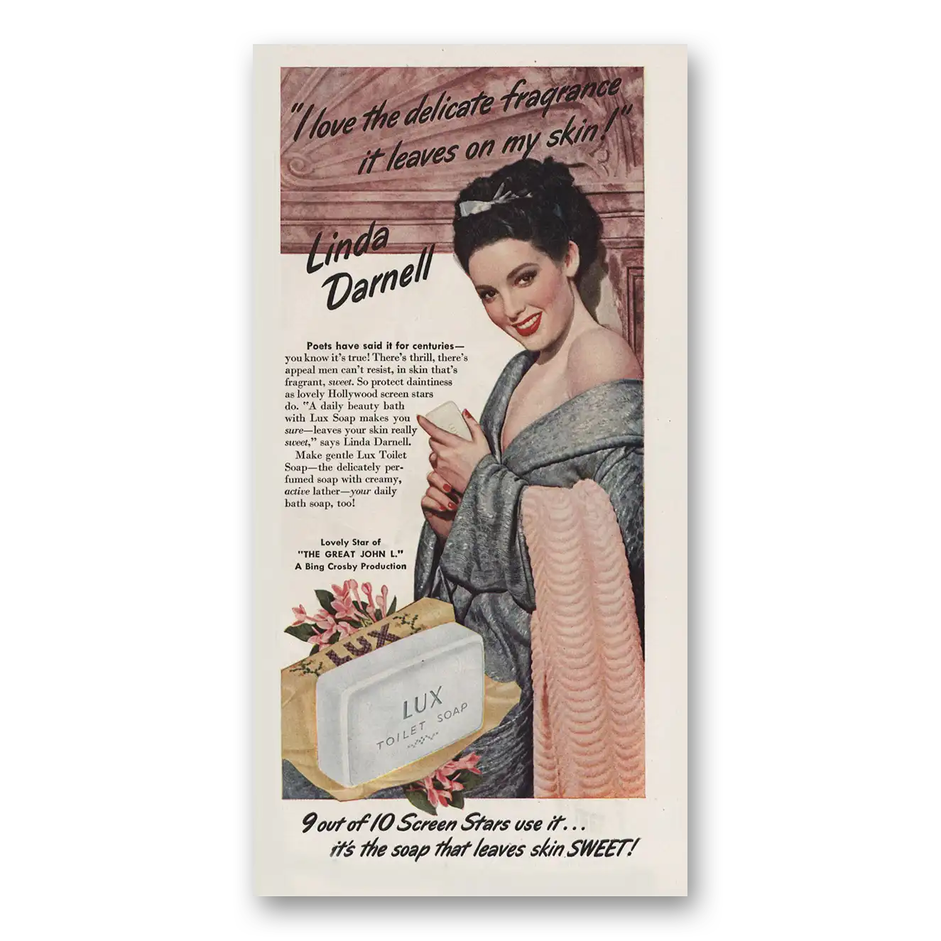 1945 Lux Soap Linda Darnell I Love the Delicate Fragrance Vintage Magazine Print Ad