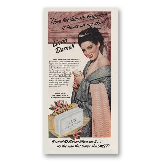 1945 Lux Soap Linda Darnell I Love the Delicate Fragrance Vintage Magazine Print Ad