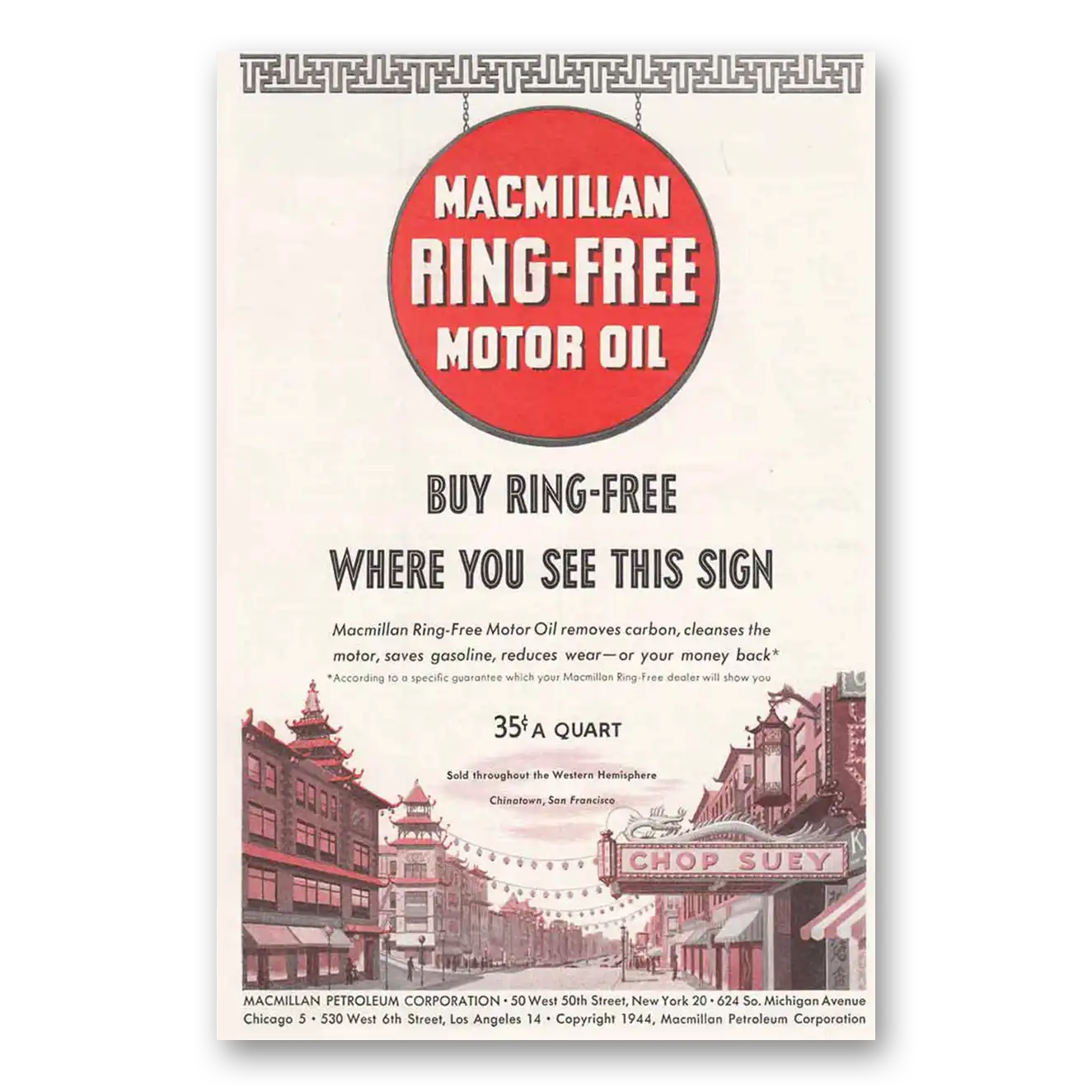 1945 Macmillan Oil Ring Free Motor Oil Chinatown San Francisco Vintage Magazine Print Ad