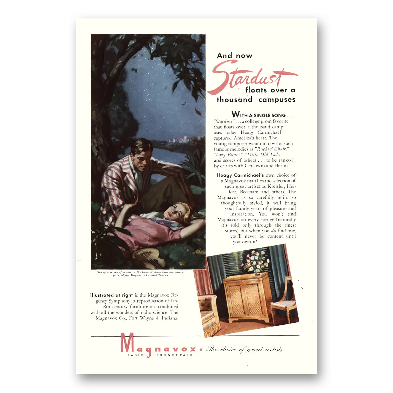 1945 Magnavox Radio Phonograph Stardust Floats Over a Thousand Campuses Vintage Magazine Print Ad