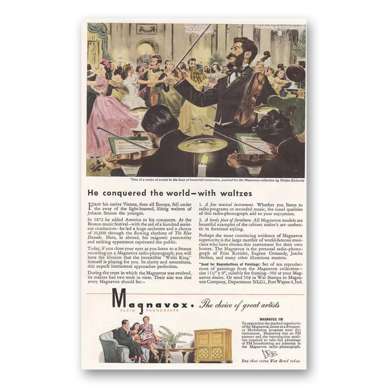 1945 Magnavox Radio Phonograph He Conquered the World with Waltzes Vintage Magazine Print Ad