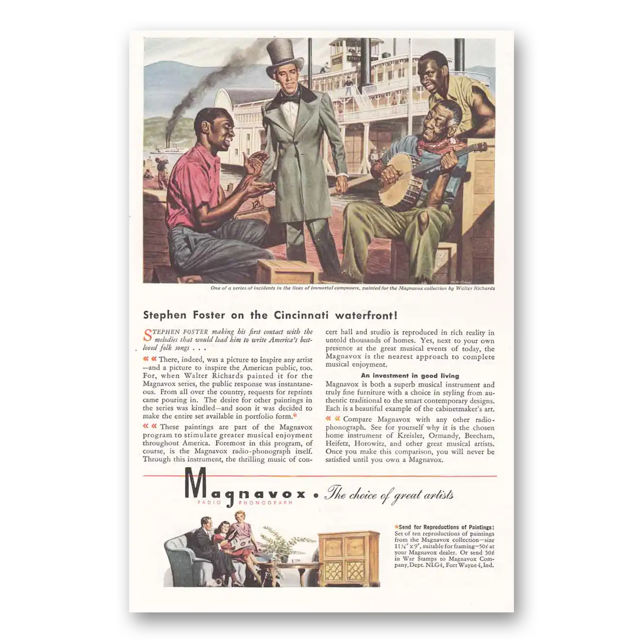 1945 Magnavox Radio Phonograph Stephen Foster on the Cincinnati Waterfront Vintage Magazine Print Ad