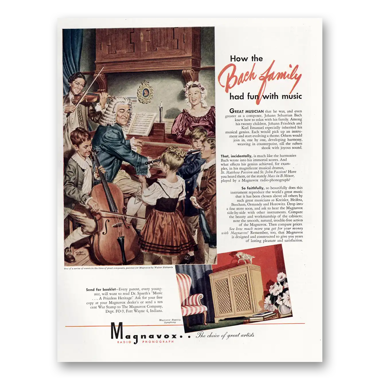 1945 Magnavox Radio Phonograph Bach Family Had Fun With Music Vintage Magazine Print Ad