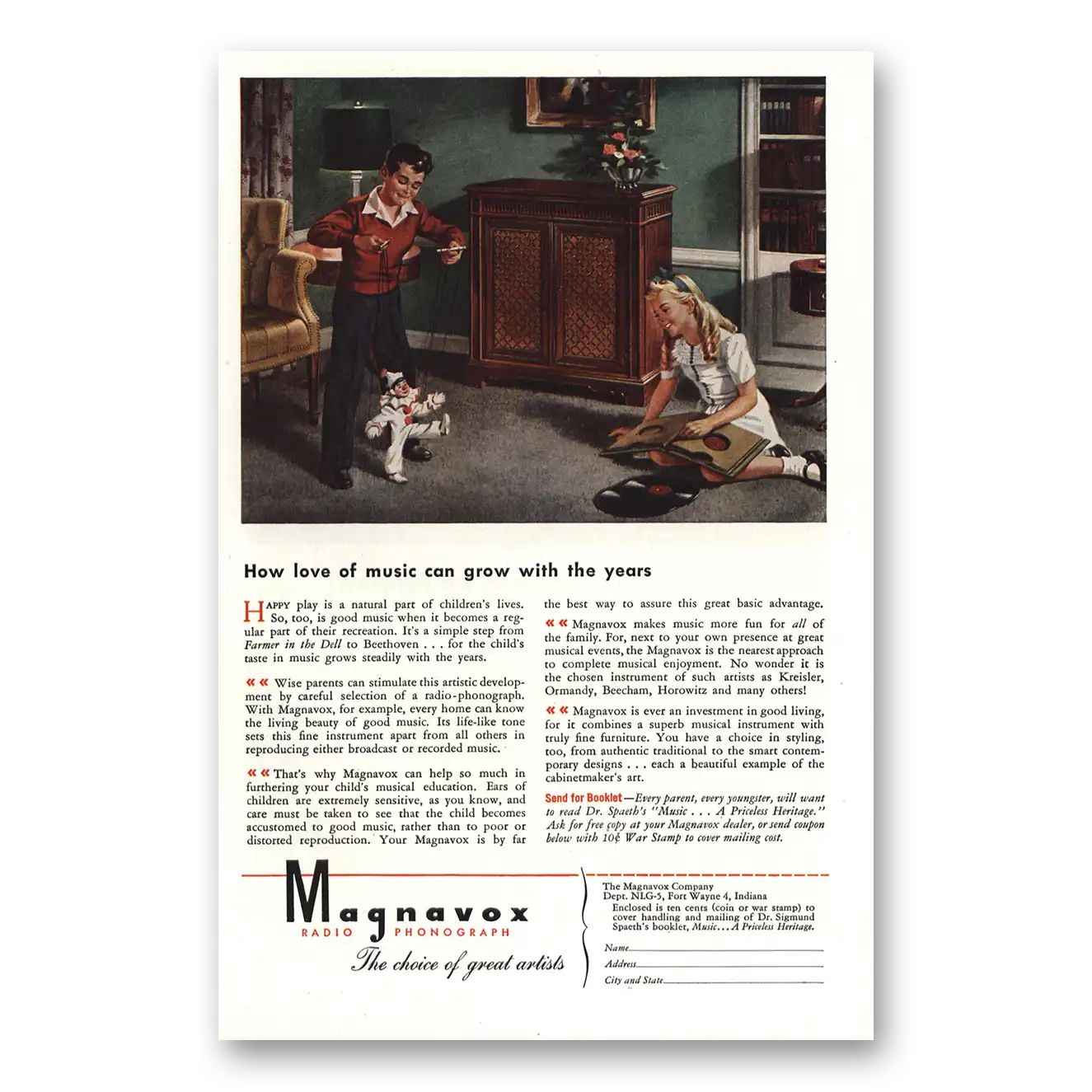 1945 Magnavox Radio Phonograph Love of Music Grow With the Years Vintage Magazine Print Ad