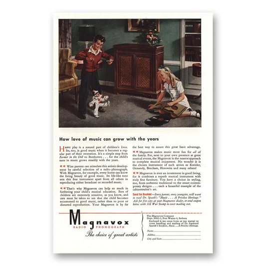 1945 Magnavox Radio Phonograph Love of Music Grow With the Years Vintage Magazine Print Ad