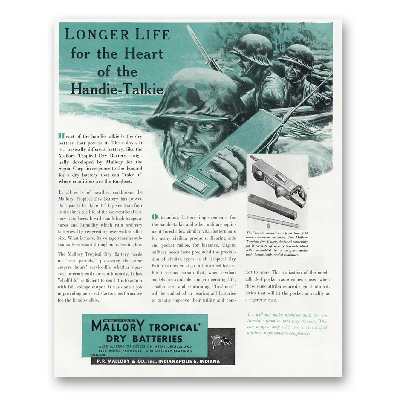 1945 Mallory Tropical Dry Batteries Handie Talkie Vintage Magazine Print Ad