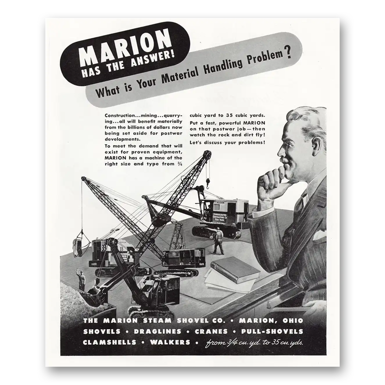 1945 Marion Steam Shovel Material Handling Problem Vintage Magazine Print Ad