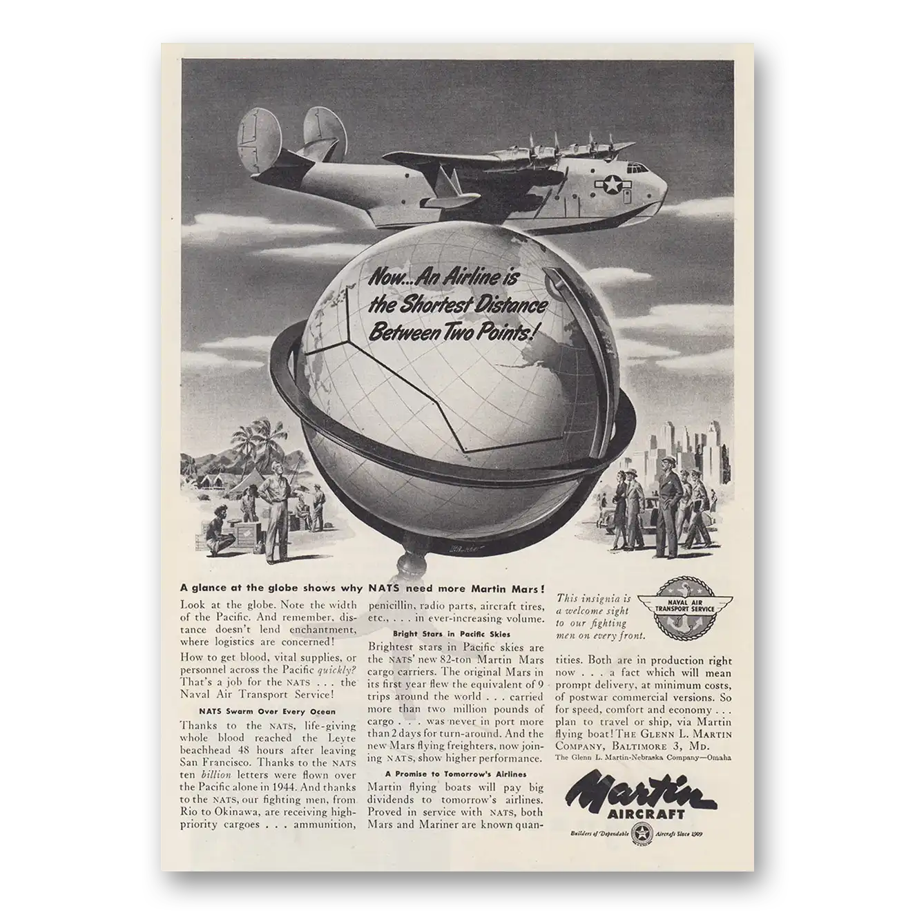 1945 Martin Mars Flying Boat Shortest Distance Between Two Points Vintage Magazine Print Ad