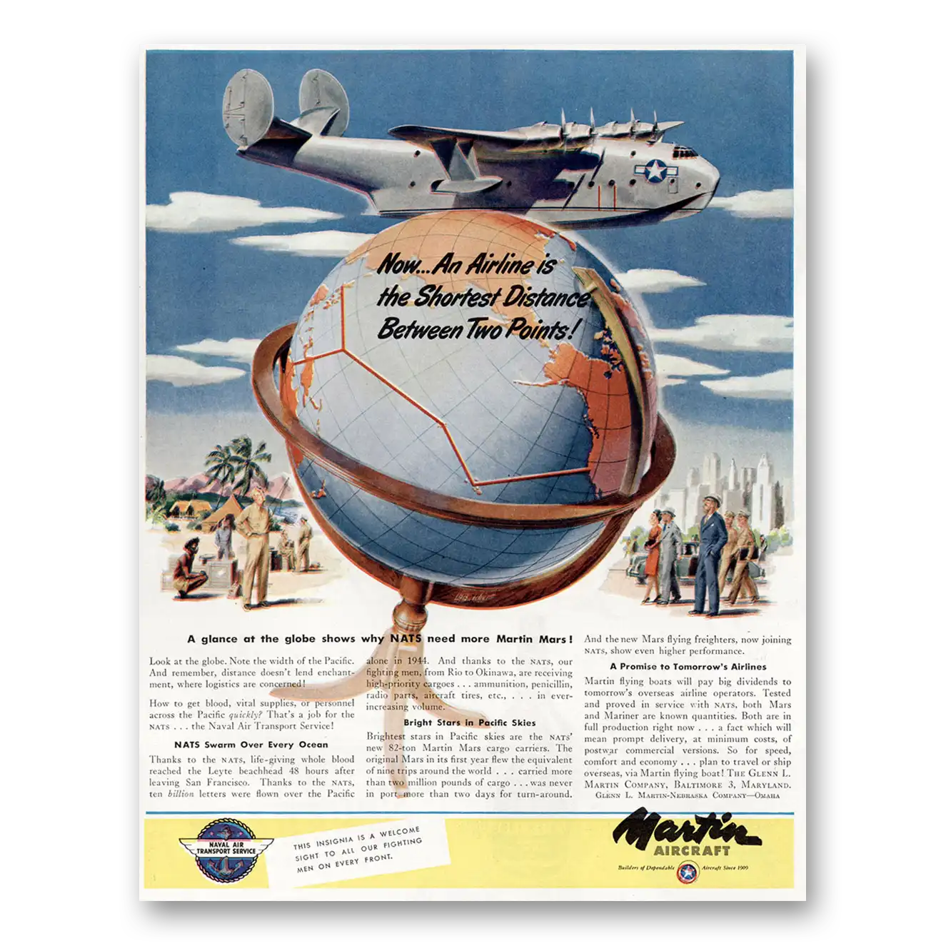 1945 Martin Mars Flying Boat Airline Is Shortest Distance Vintage Magazine Print Ad