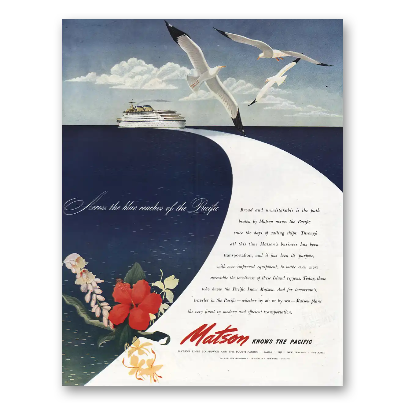 1945 Matson Line Across the Blue Reaches of the Pacific Vintage Magazine Print Ad