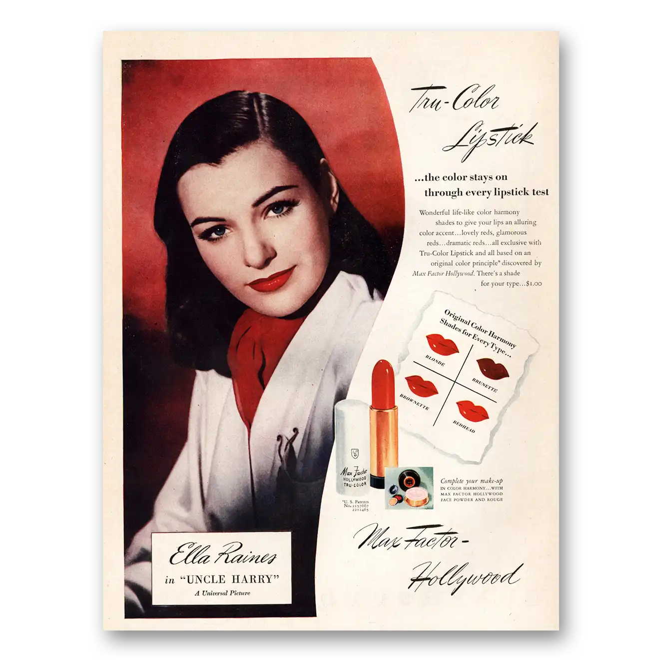 1945 Max Factor Lipstick Hollywood Ella Raines Tru Color Lipstick Vintage Magazine Print Ad