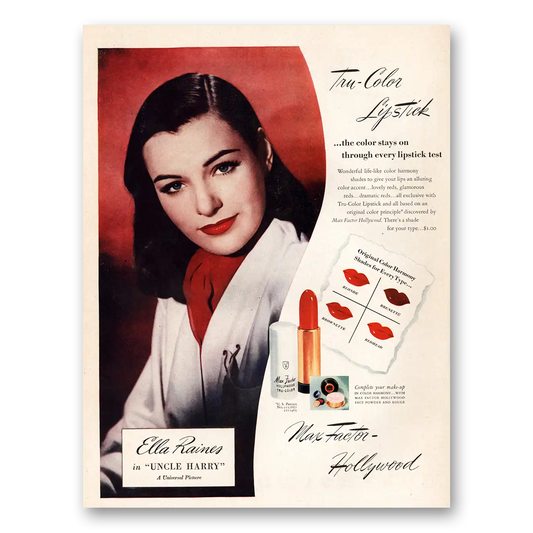 1945 Max Factor Lipstick Hollywood Ella Raines Tru Color Lipstick Vintage Magazine Print Ad