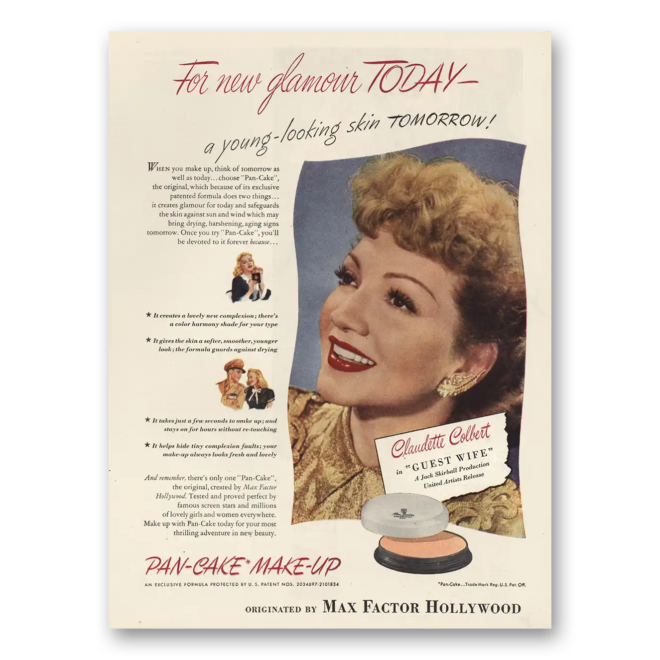 1945 Max Factor Pan Cake Make Up Claudette Colbert Vintage Magazine Print Ad