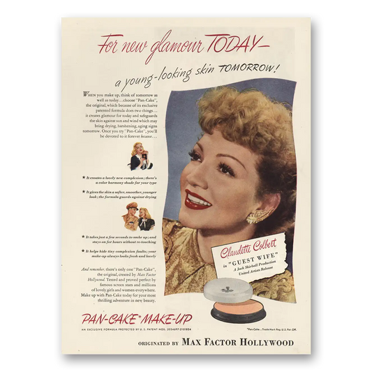 1945 Max Factor Pan Cake Make Up Claudette Colbert Vintage Magazine Print Ad