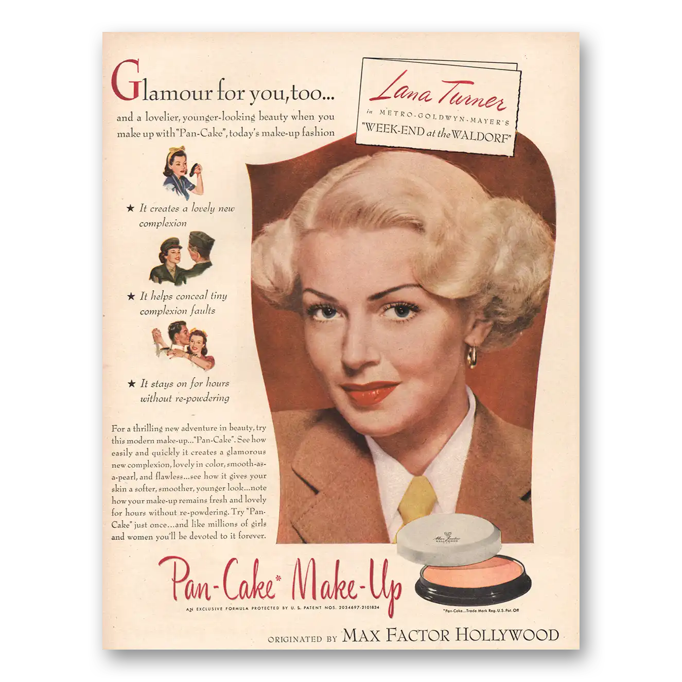 1945 Max Factor Pan Cake Make Up Lana Turner Vintage Magazine Print Ad