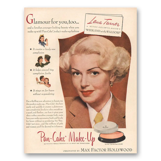 1945 Max Factor Pan Cake Make Up Lana Turner Vintage Magazine Print Ad