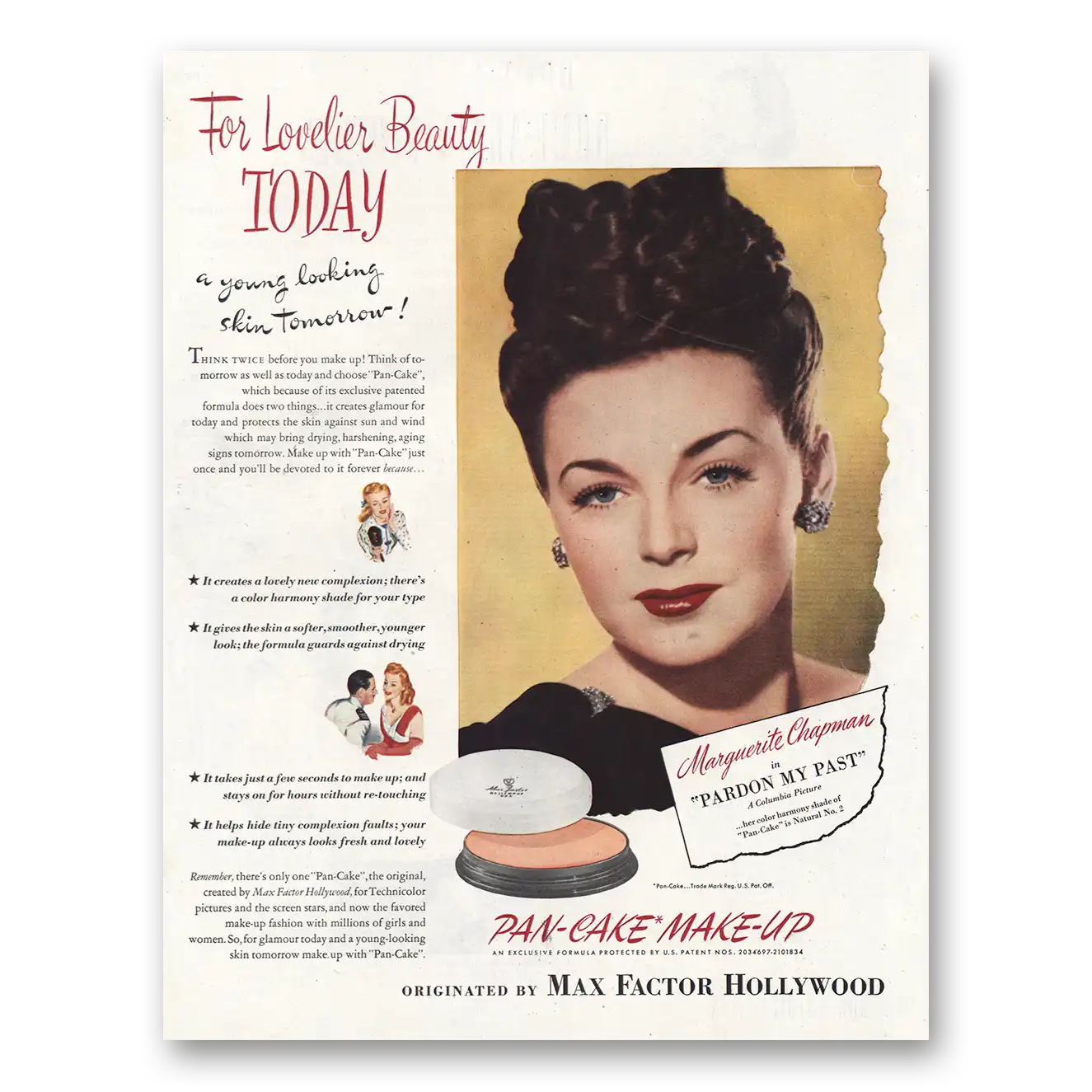 1945 Max Factor Pan Cake Make Up Marguerite Chapman Vintage Magazine Print Ad