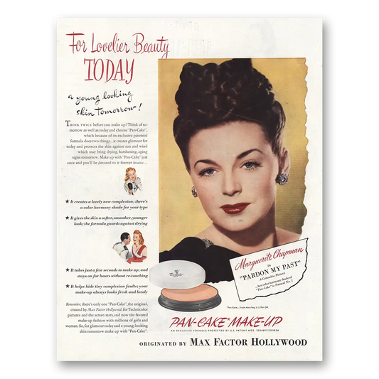 1945 Max Factor Pan Cake Make Up Marguerite Chapman Vintage Magazine Print Ad