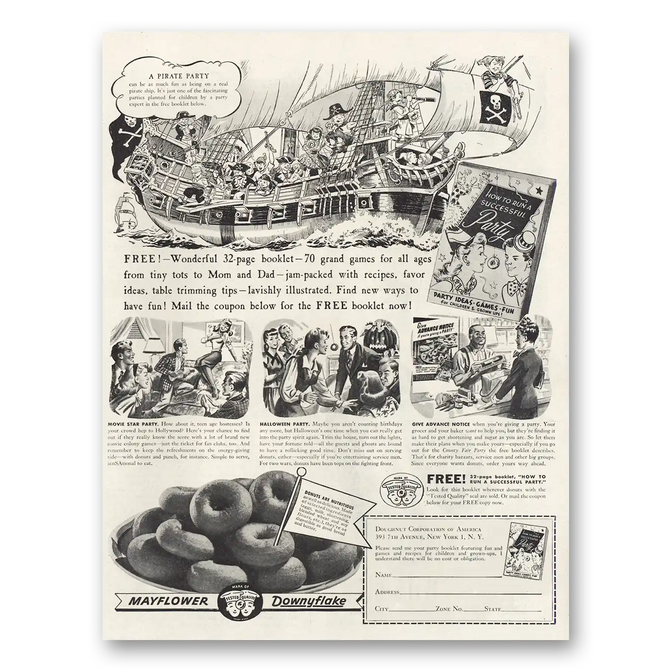 1945 Mayflower Donuts Pirate Party Vintage Magazine Print Ad