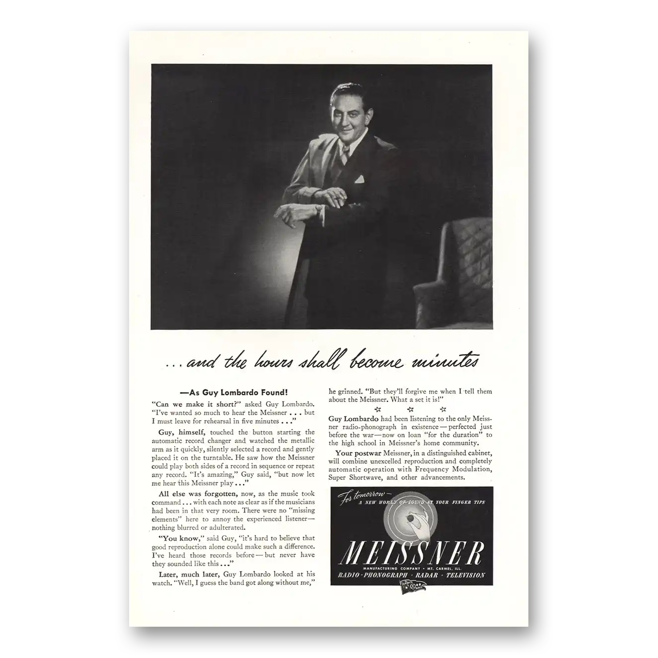 1945 Meissner Radio Phonograph Guy Lombardo Hours Shall Become Minutes Vintage Magazine Print Ad