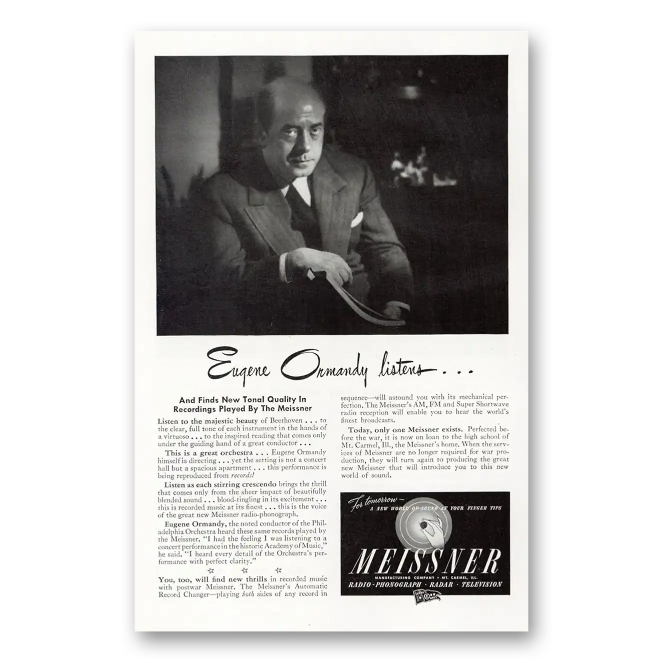 1945 Meissner Radio Phonograph Eugene Ormandy Listens Vintage Magazine Print Ad