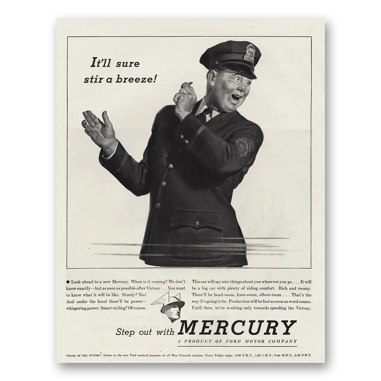 1945 Mercury It'll Sure Stir Breeze Vintage Magazine Print Ad